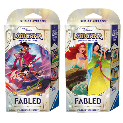 Disney Lorcana: Fabled starter deck set featuring two single-player decks with colorful artwork and bonus booster pack.