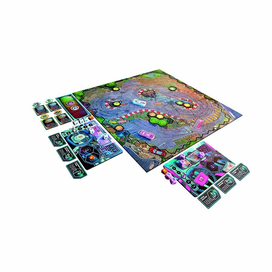 Colorful game board of Joyride Duel: Next Gen with cards and tokens, designed for competitive racing strategy gameplay.