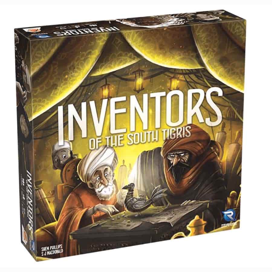 Box cover of "Inventors of the South Tigris" featuring two characters in a workshop, surrounded by inventions and tools.
