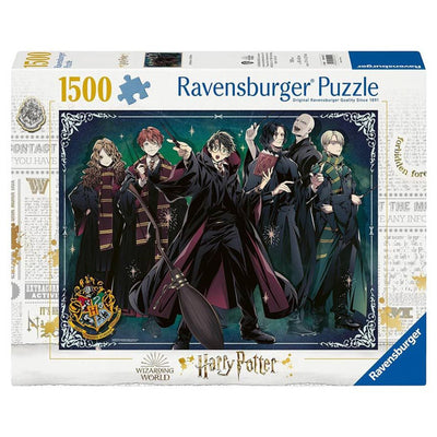 1500-piece Harry Potter puzzle featuring iconic characters in wizarding attire, designed by Ravensburger.