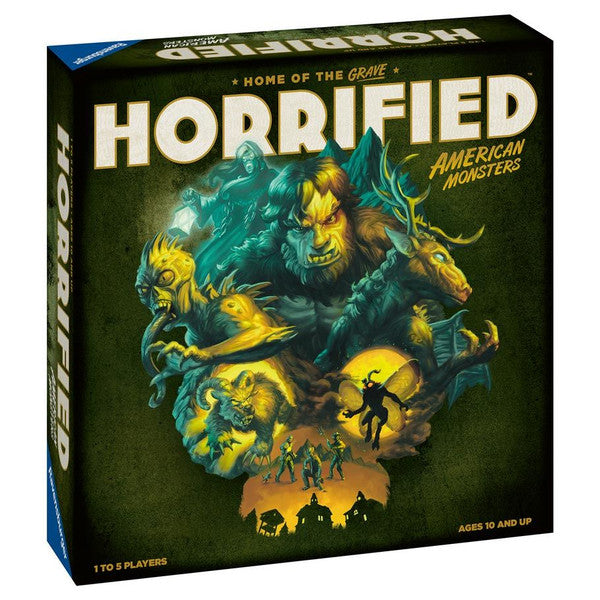 Box cover of Horrified: American Monsters board game featuring iconic American monsters and eerie landscapes.