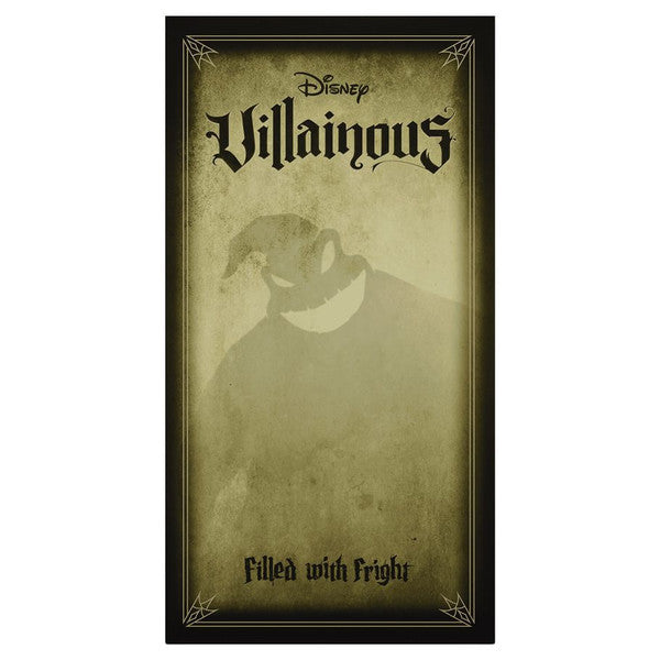 Disney Villainous: Filled with Fright Expansion box featuring a shadowy villain silhouette and eerie design elements.