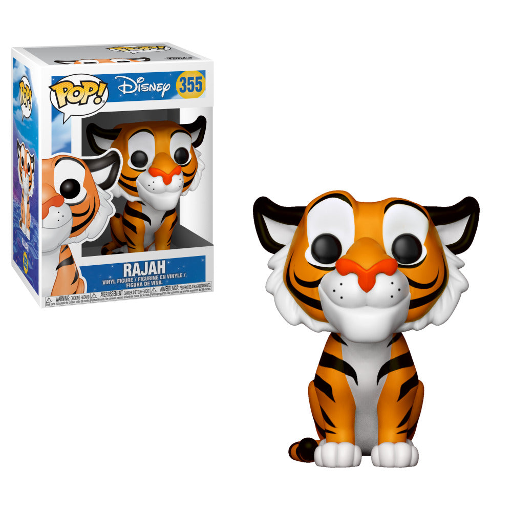 Funko Pop! figure of Rajah, a stylized orange and black tiger, with large eyes and a playful expression, next to its box.