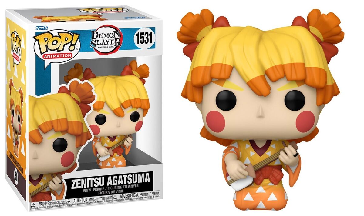 Funko Pop! figure of Zenitsu Agatsuma from Demon Slayer, featuring bright orange hair and a traditional outfit.