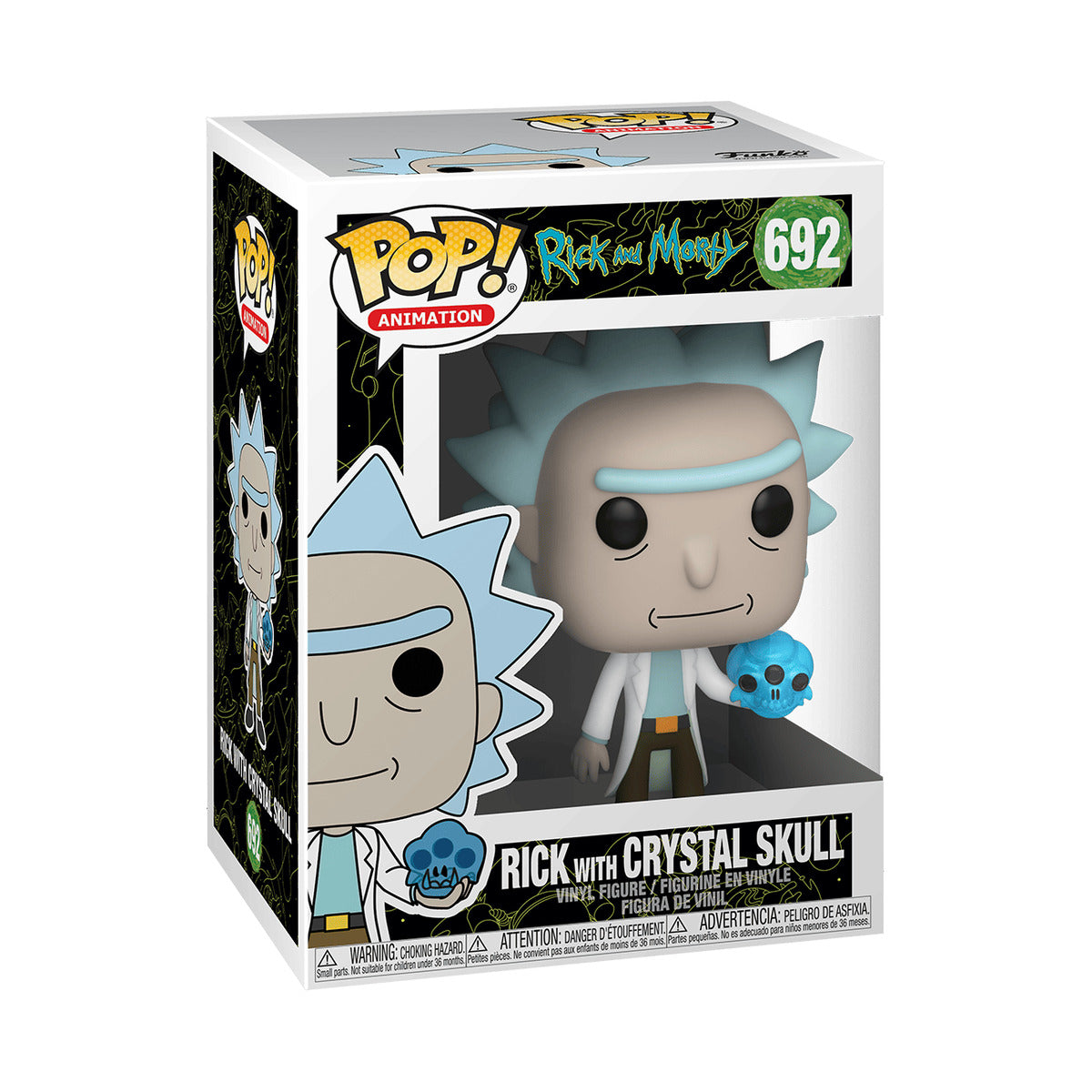 Funko Pop! figure of Rick from Rick and Morty, holding a crystal skull, in a colorful box with the series number 692.