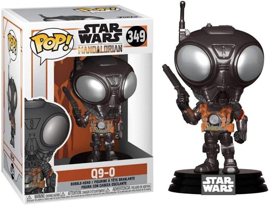 Funko Pop! Q9-0 figure from Star Wars, featuring a bobble-head design with large eyes and a blaster, displayed in a box.