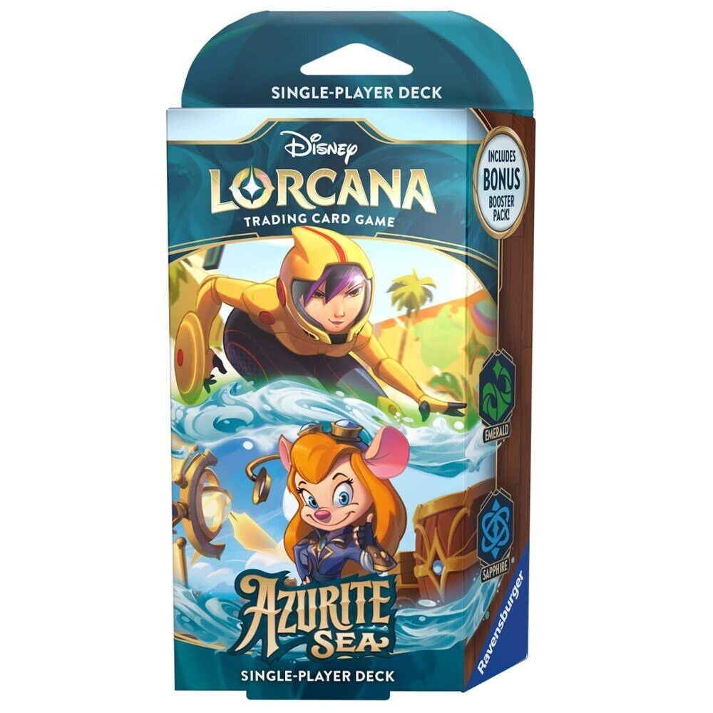 Disney Lorcana TCG Azurite Sea Starter Deck featuring Emerald and Sapphire characters with vibrant artwork and a bonus booster pack.
