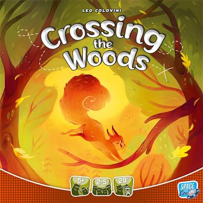 Colorful game box for "Crossing the Woods" featuring a squirrel amidst vibrant trees, designed for 2-5 players.