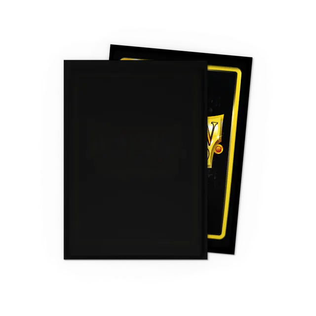 Black Dragon Shield standard size card sleeves with yellow trim, packaged in a set of 100 for card protection.