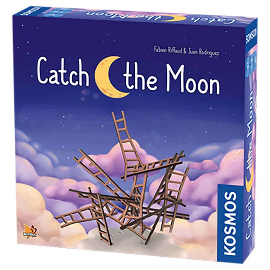 Colorful box of the board game "Catch the Moon," featuring a whimsical design with ladders and a crescent moon.