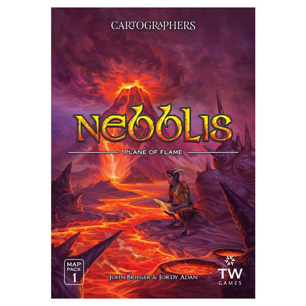 Cartographers Map 1: Nebblis features a vibrant cover depicting a fiery landscape with a character exploring the terrain.
