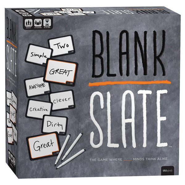 Box of the game "Blank Slate," featuring a gray design with white and orange text, and images of game cards and markers.