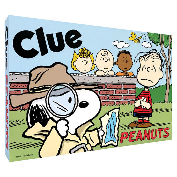 Board game box for CLUE: PEANUTS featuring Snoopy as a detective, with characters Charlie Brown, Lucy, Linus, and others in the background.