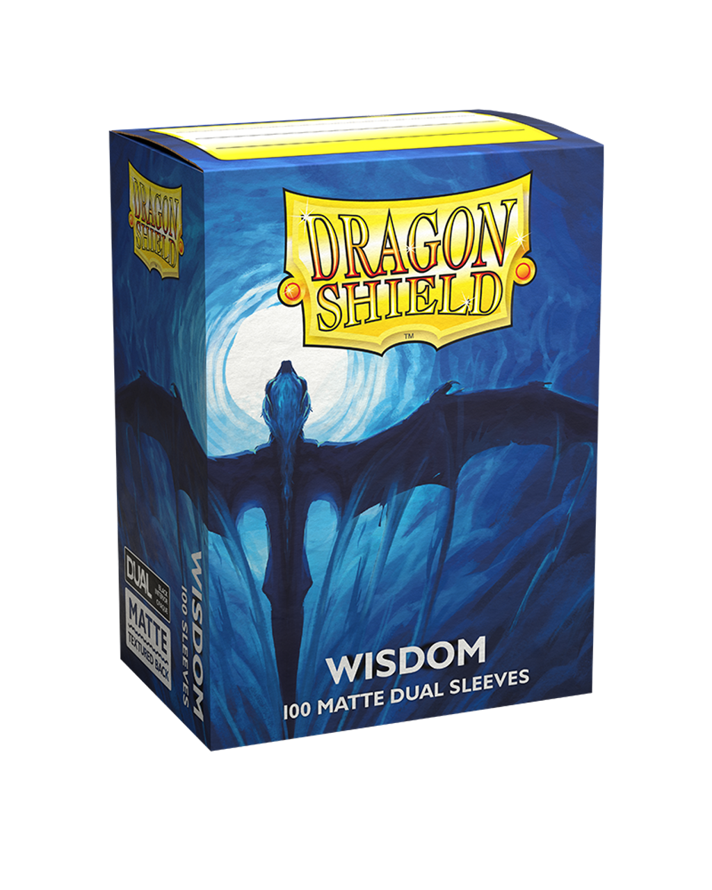 Dragon Shield Wisdom matte dual card sleeves box featuring a dragon silhouette against a blue background, containing 100 sleeves.