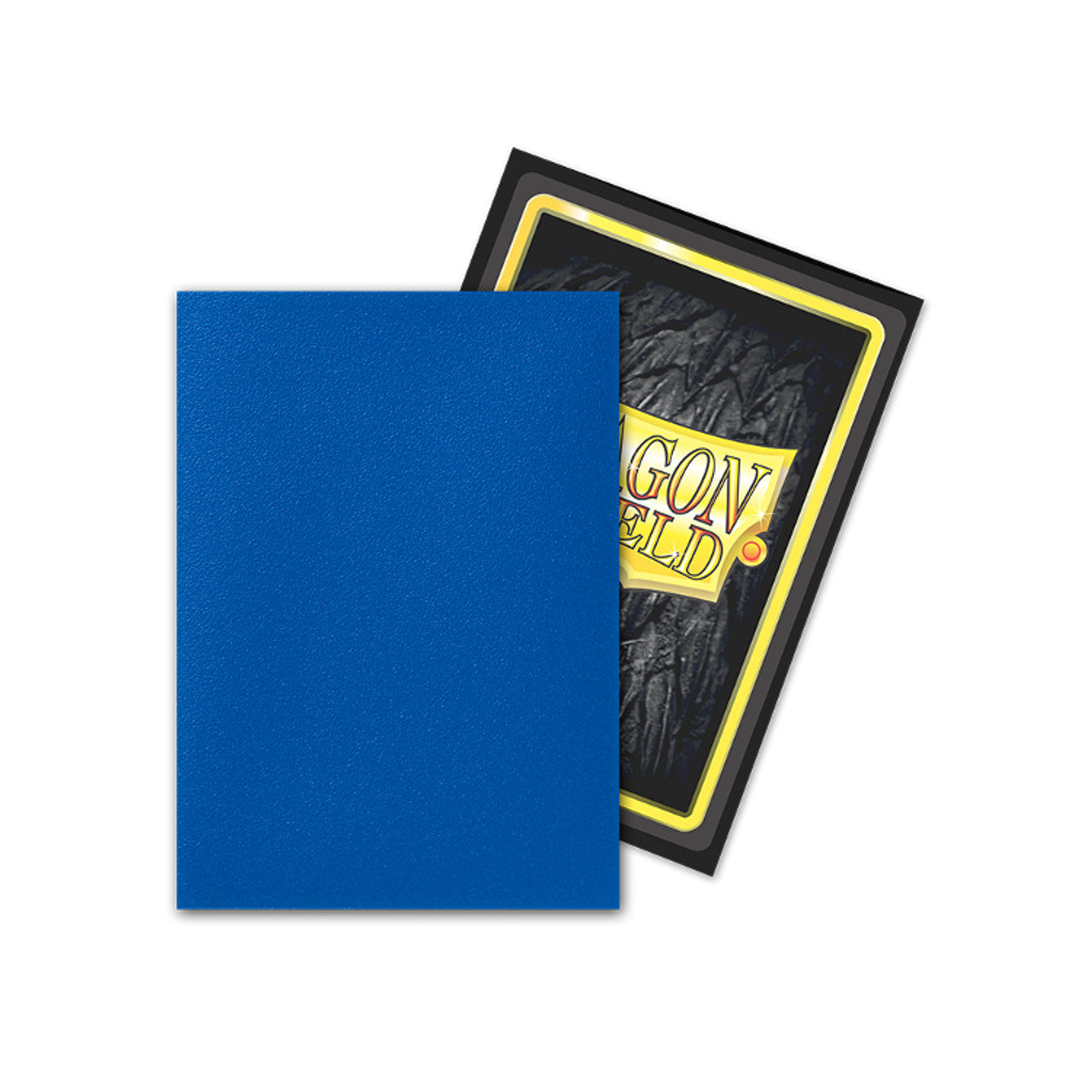 Matte blue card sleeves for standard size cards, featuring a textured finish and a Dragon Shield logo on the back.