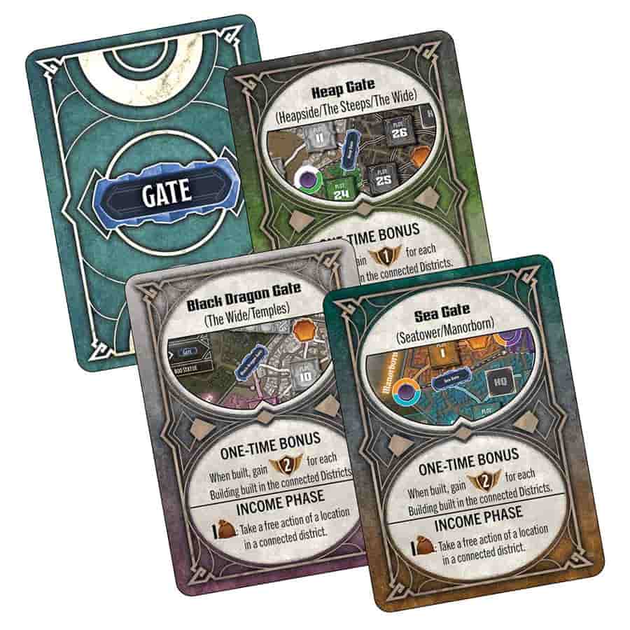 Three game cards from Dungeons & Dragons: Builders of Baldur's Gate featuring gates with bonuses and actions.