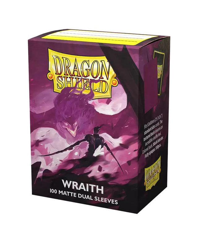 Dragon Shield Wraith matte dual card sleeves box featuring a dark, mystical design, containing 100 standard size sleeves.