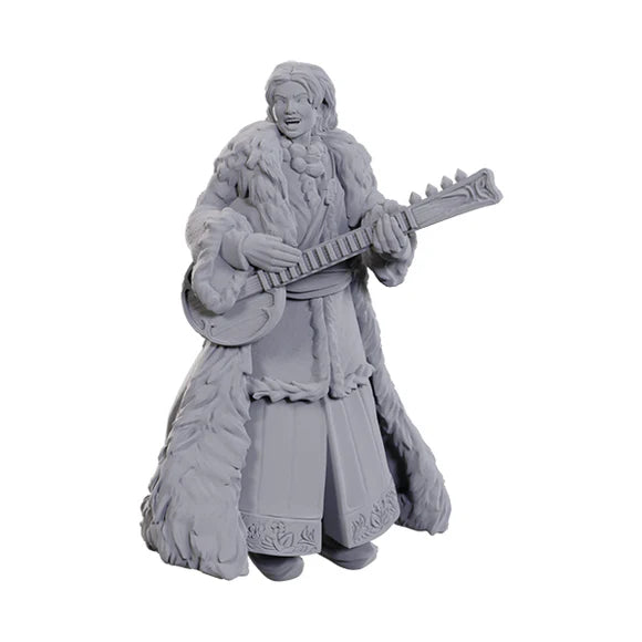 Ansalon Human Bard miniature from Dungeons & Dragons, featuring a woman in a fur coat playing a lute.