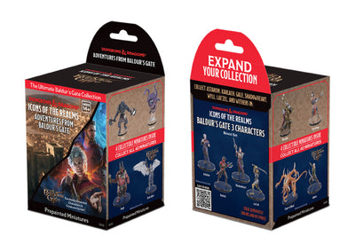 D&D Icons of the Realms: Adventures From Baldur's Gate booster pack featuring prepainted miniatures and collectible characters.