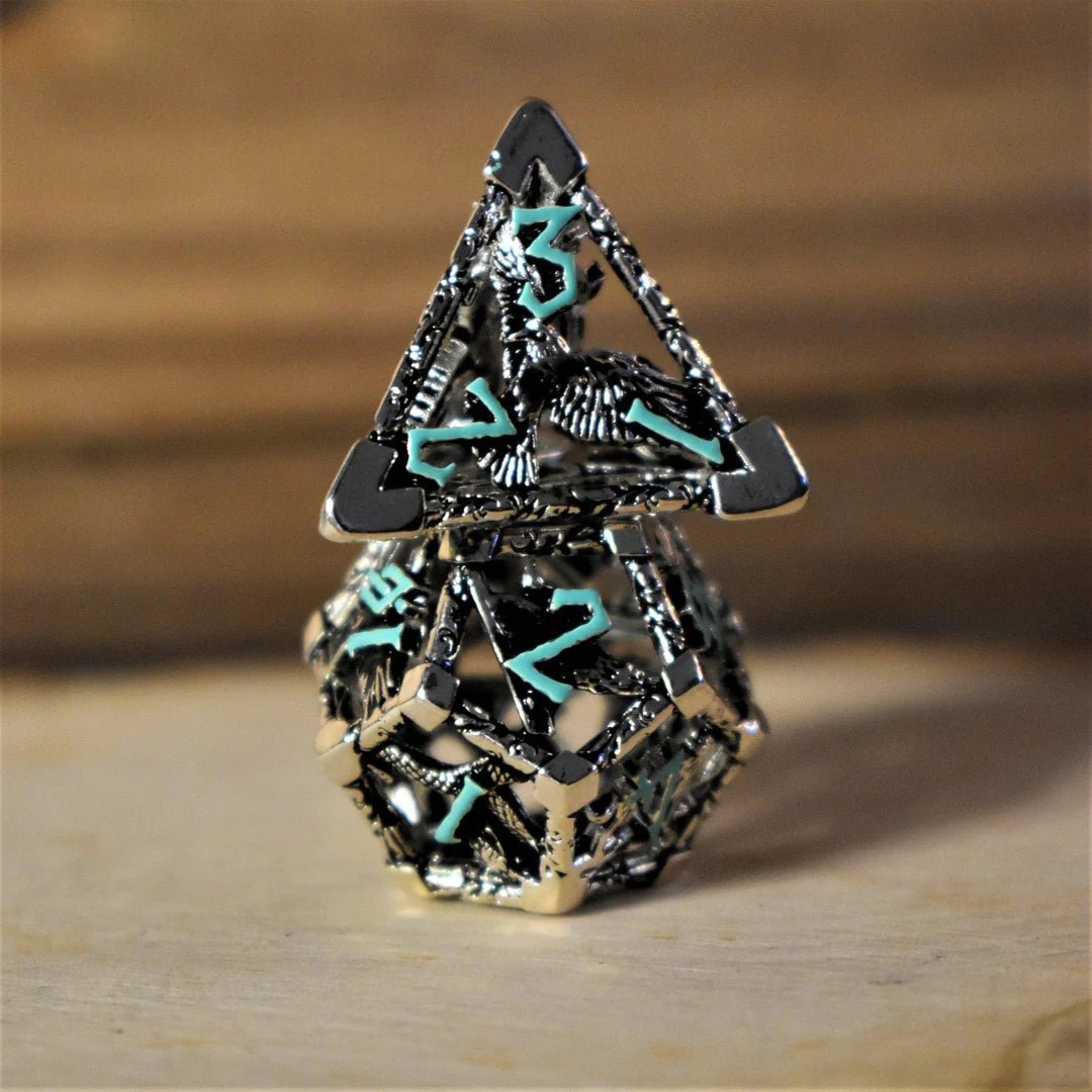 Misty Mountain Gaming: Legends of Valhalla - Silver and Blue Hollow Metal Dice Set
