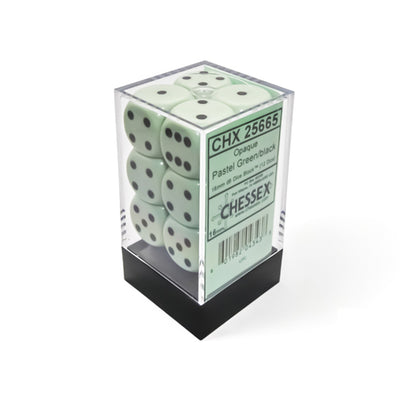 Chessex 16mm opaque pastel green and black D6 dice set, featuring 12 dice in a clear display box.