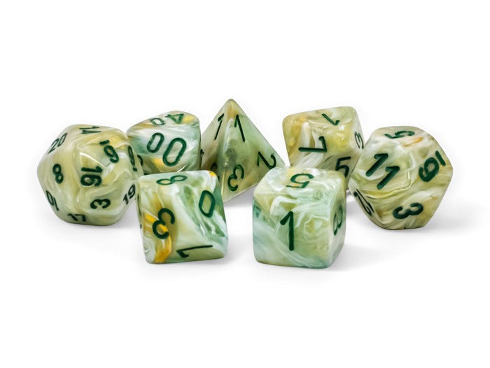 Set of seven Chessex marble dice in green and dark green, featuring clear numbers for tabletop gaming.