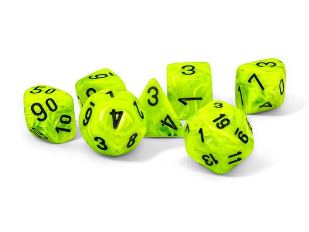 Bright green and black Vortex Mega-hedral dice set from Chessex, featuring seven polyhedral dice with bold black numbers.