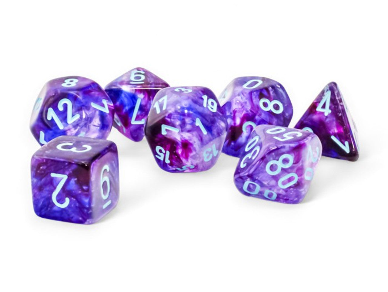 Chessex Nebula Mega-hedral dice set in Nocturnal/Turquoise, featuring vibrant purple and turquoise colors with blue numbers.