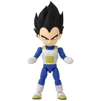Mini action figure of Vegeta from Dragon Ball DAIMA, featuring detailed design and articulated limbs in a dynamic pose.