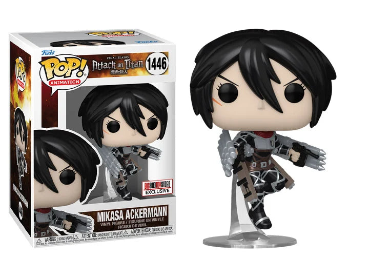 Funko Pop! figure of Mikasa Ackermann from Attack on Titan, featuring her iconic outfit and dual blades, with box packaging.
