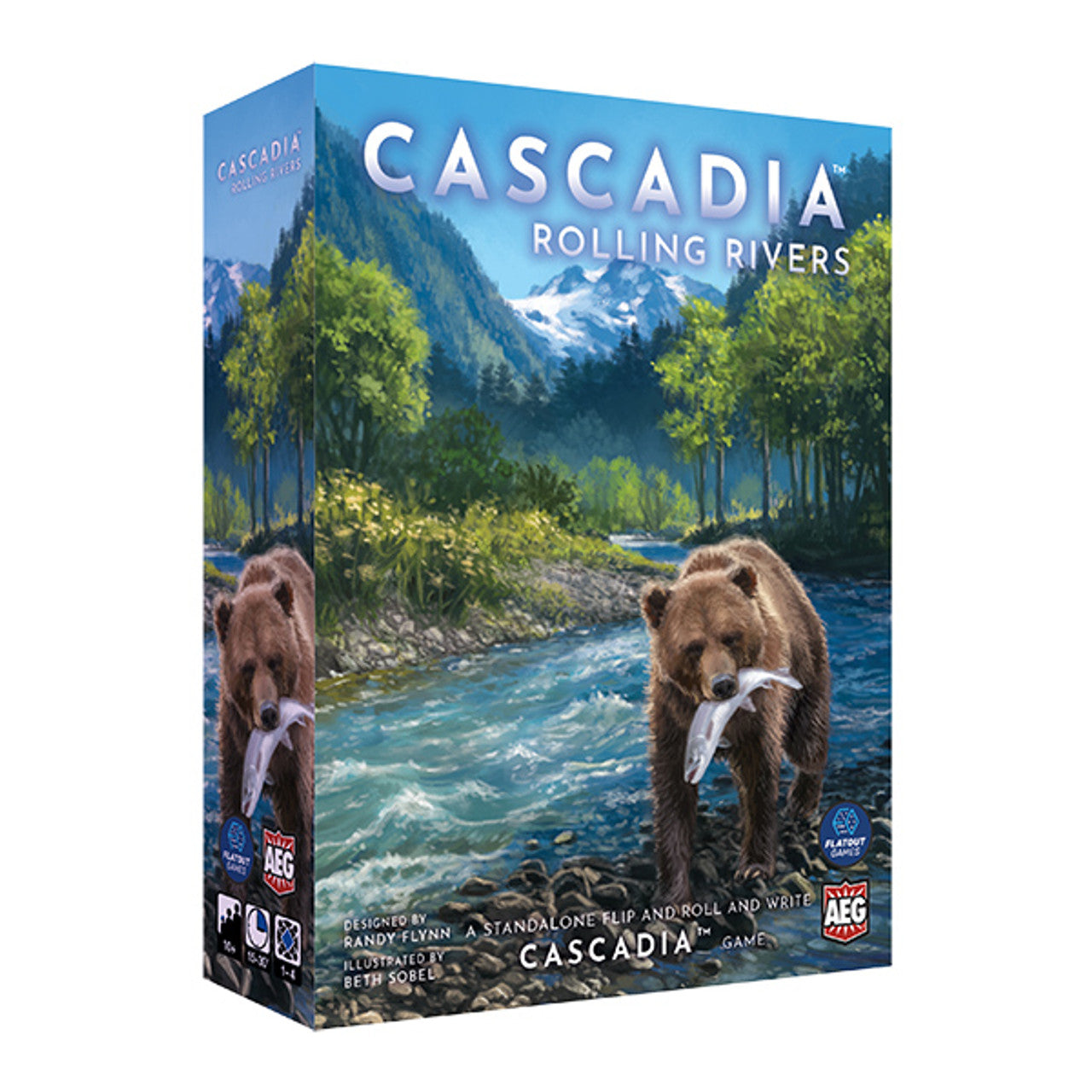 Box cover of Cascadia: Rolling Rivers featuring a bear catching a fish in a river, surrounded by mountains and trees.