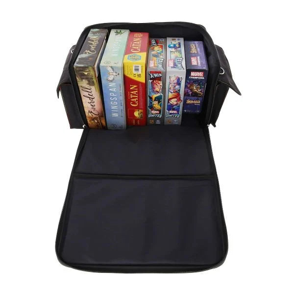 Black BCW Spectrum board game bag with games neatly organized inside, featuring a spacious interior and sturdy design.