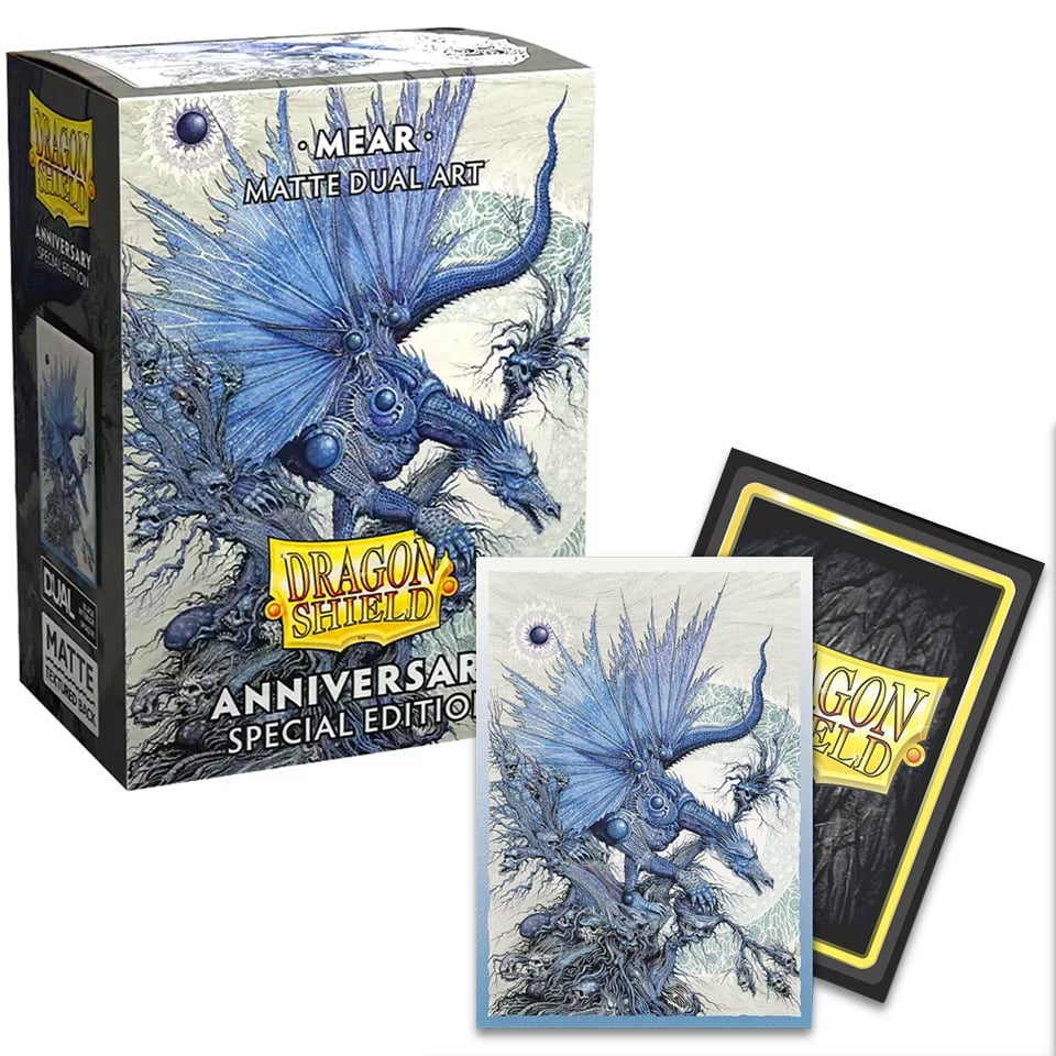 Dragon Shield Mear 25th Anniversary Special Edition card sleeves featuring a blue dragon design, packaged in a decorative box.