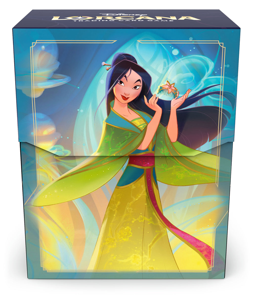Colorful deck box for Disney Lorcana featuring Mulan, showcasing her in a vibrant dress with flowing hair and magical elements.