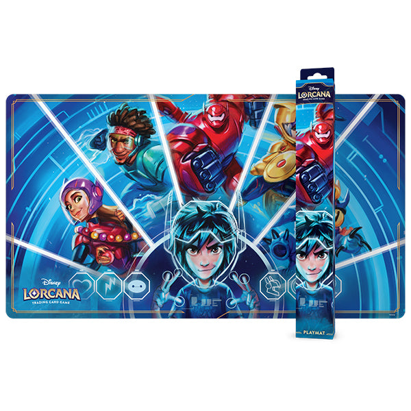 Disney Lorcana TCG playmat featuring Baymax and characters from Archazia's Island, designed for tabletop gaming.