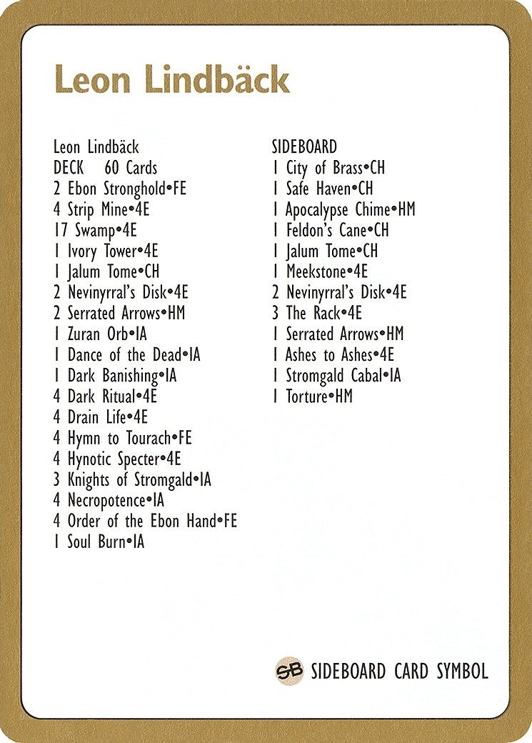 Image for 1996 Leon Lindback Decklist Card (WCD)