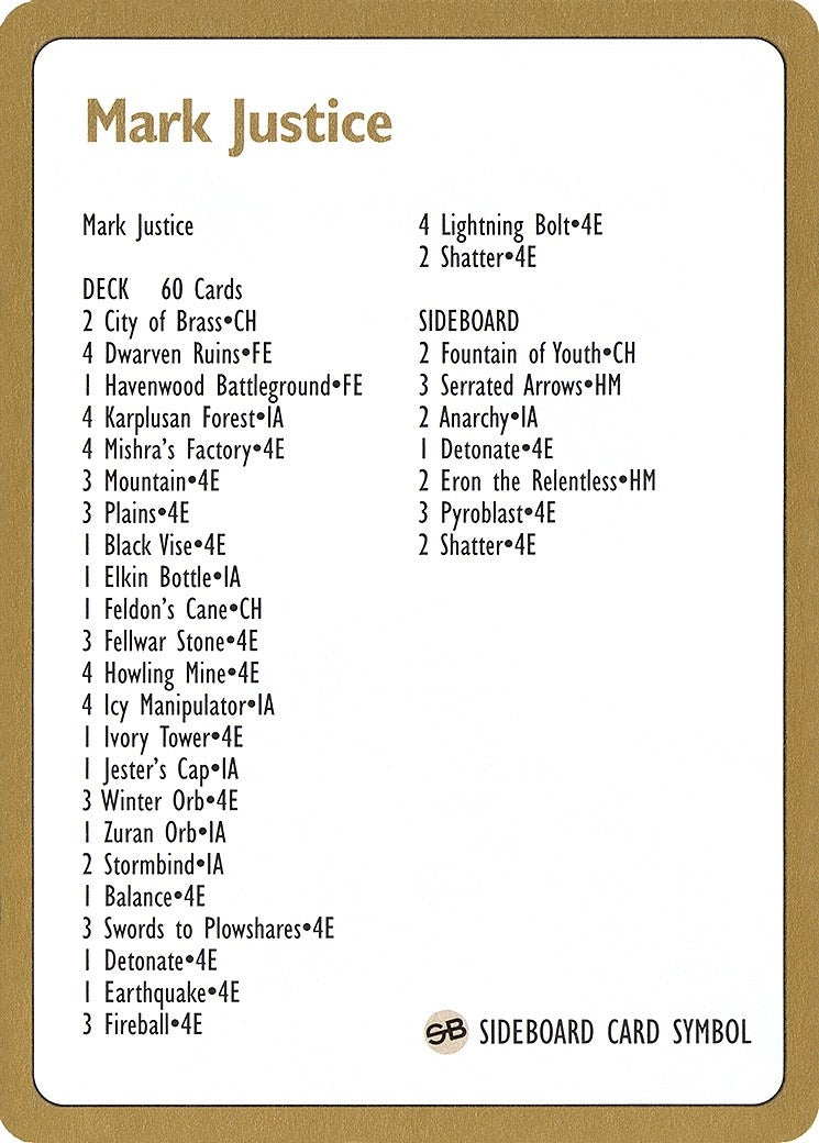 Image for 1996 Mark Justice Decklist Card (WCD)