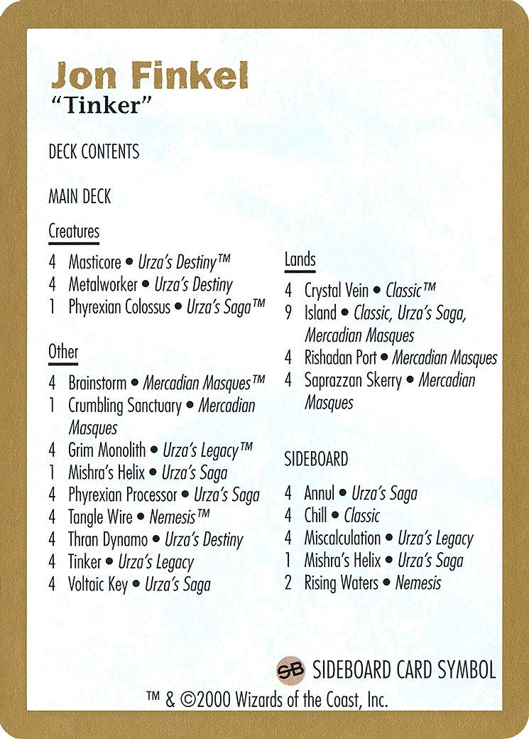 Image for 2000 Jon Finkel Decklist Card (WCD)