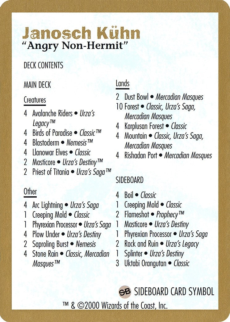 Image for 2000 Janosch Kuhn Decklist Card (WCD)