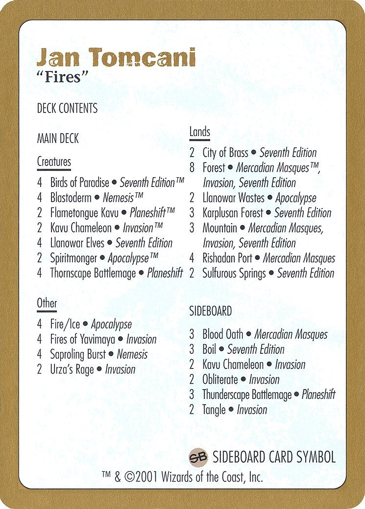 Image for 2001 Jan Tomcani Decklist Card (WCD)