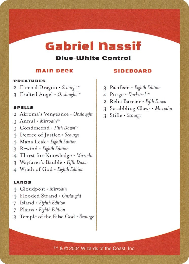 Image for 2004 Gabriel Nassif Decklist Card (WCD)