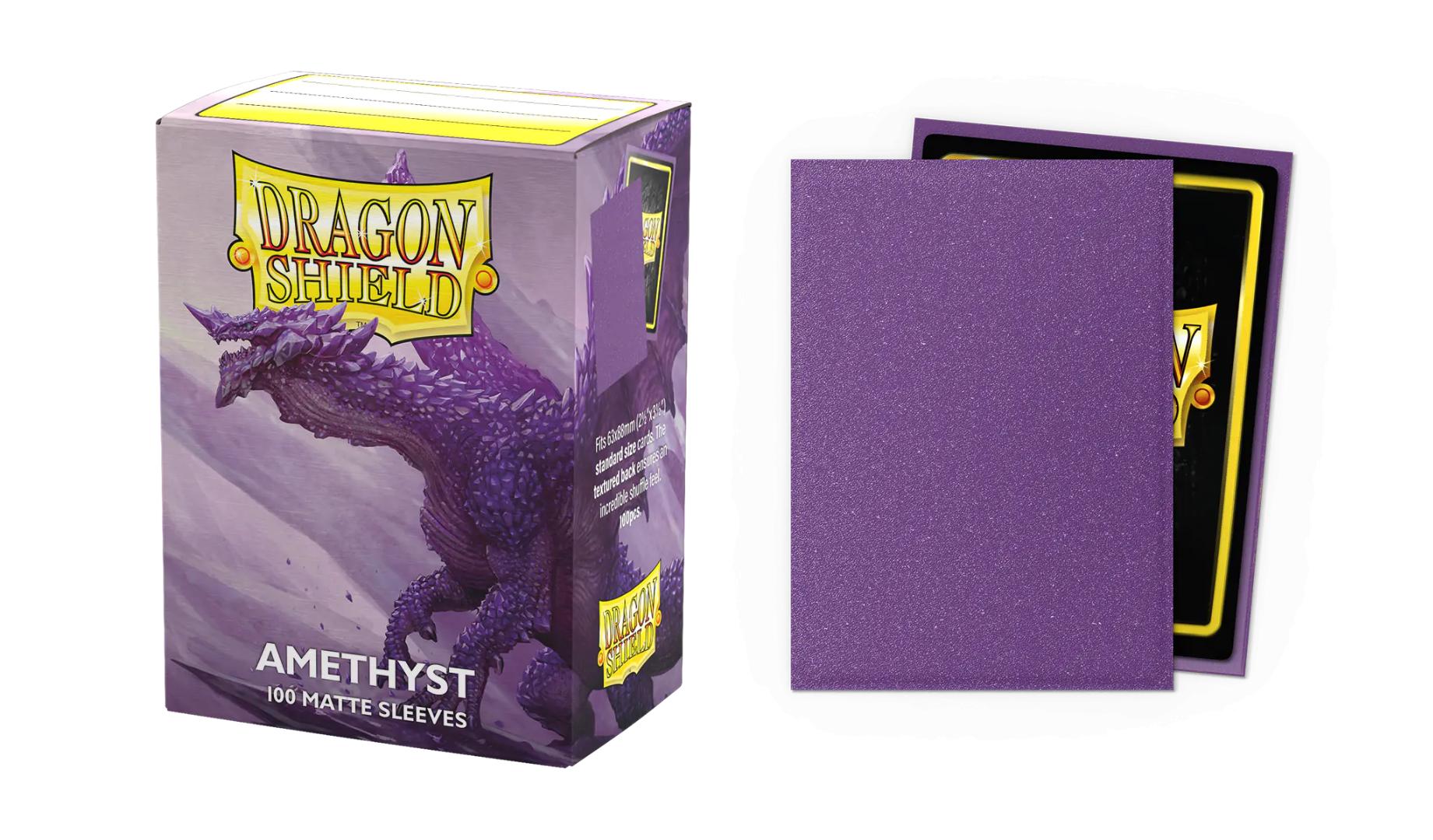 Dragon Shield Matte Sleeves in Amethyst color, 100-count pack, designed for card protection and durability.