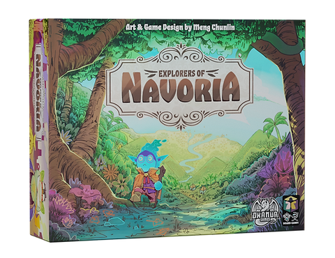 Colorful board game box for "Explorers of Navoria," featuring a whimsical character in a lush, vibrant landscape.