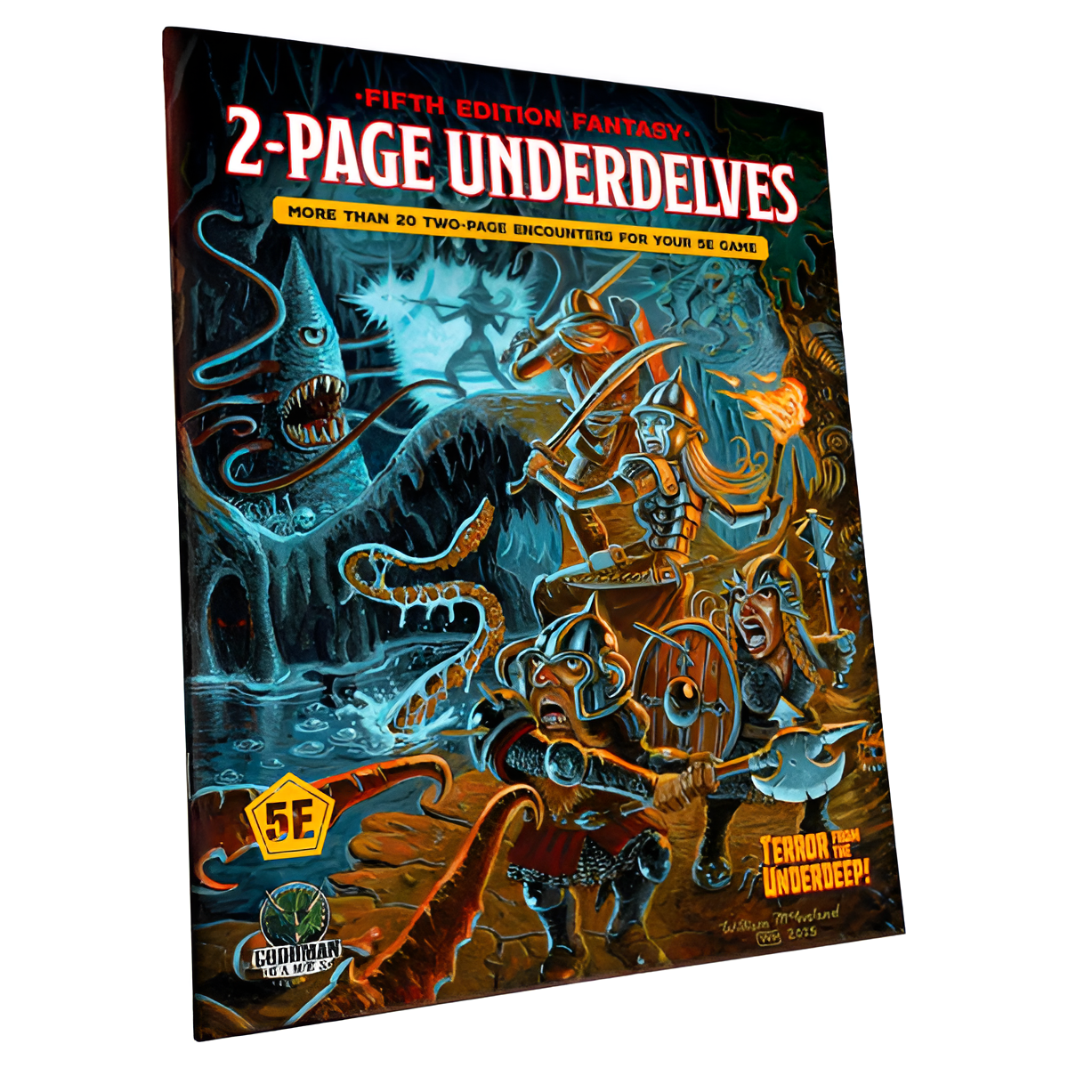 D&D 5E Adventure: 2-Page UnderDelves cover featuring colorful artwork of adventurers battling monsters in a cavern.
