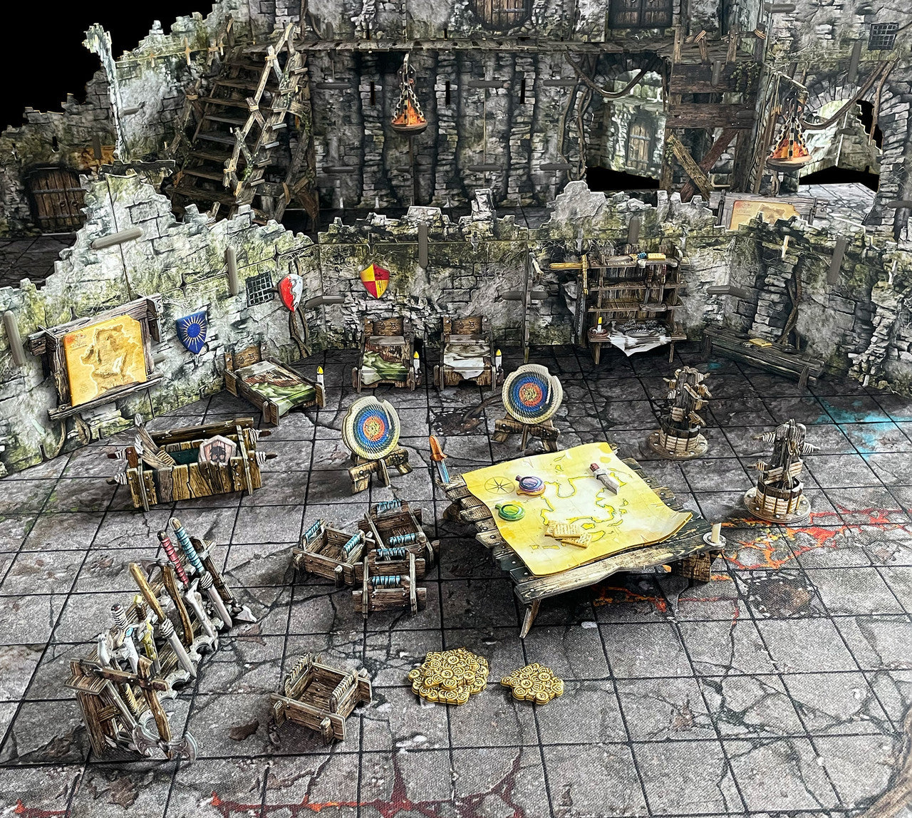 Detailed fantasy dungeon scene featuring a garrison with furniture, maps, and archery targets, ideal for tabletop gaming.