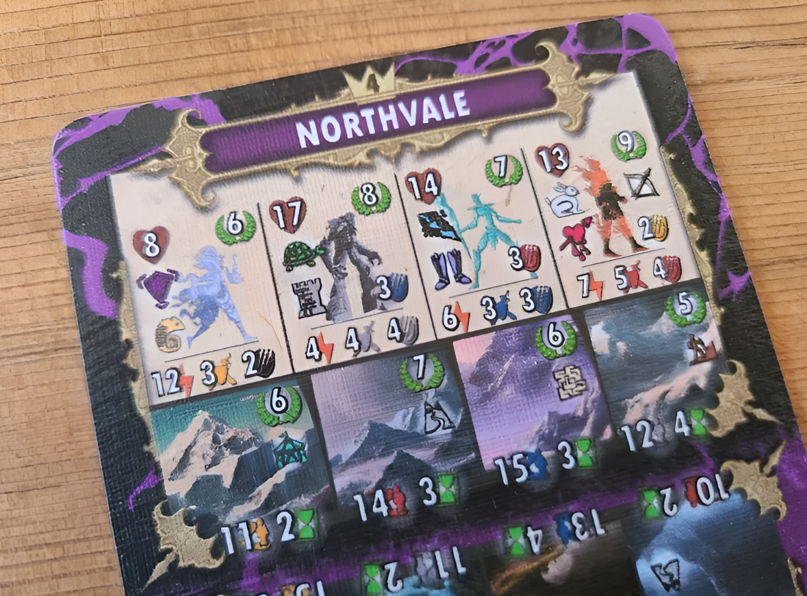 Northvale expansion card for Dragons of Etchinstone featuring game stats, icons, and a mountain background.