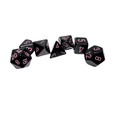 Chessex 7ct dice set featuring opaque black dice with pink numbers, ideal for tabletop gaming and role-playing.