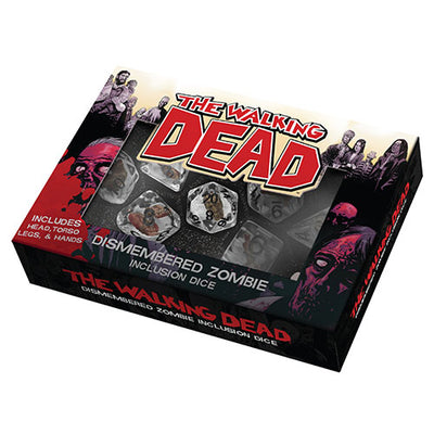 Resin poly dice set featuring The Walking Dead theme, including dismembered zombie designs and various character illustrations.