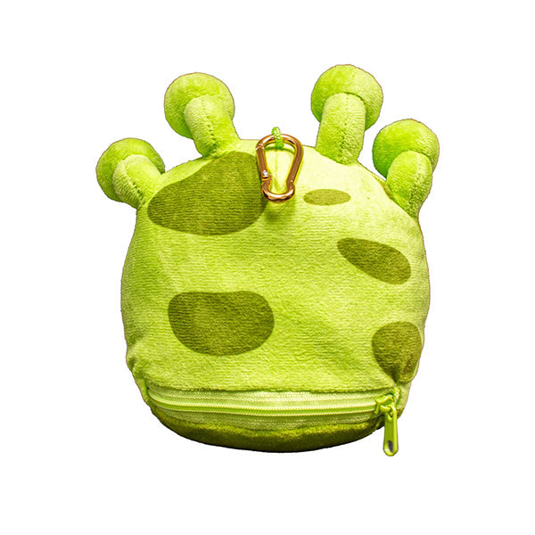 Green plush dice pouch designed like a Gazer, featuring a zip closure and playful eye stalks on top.
