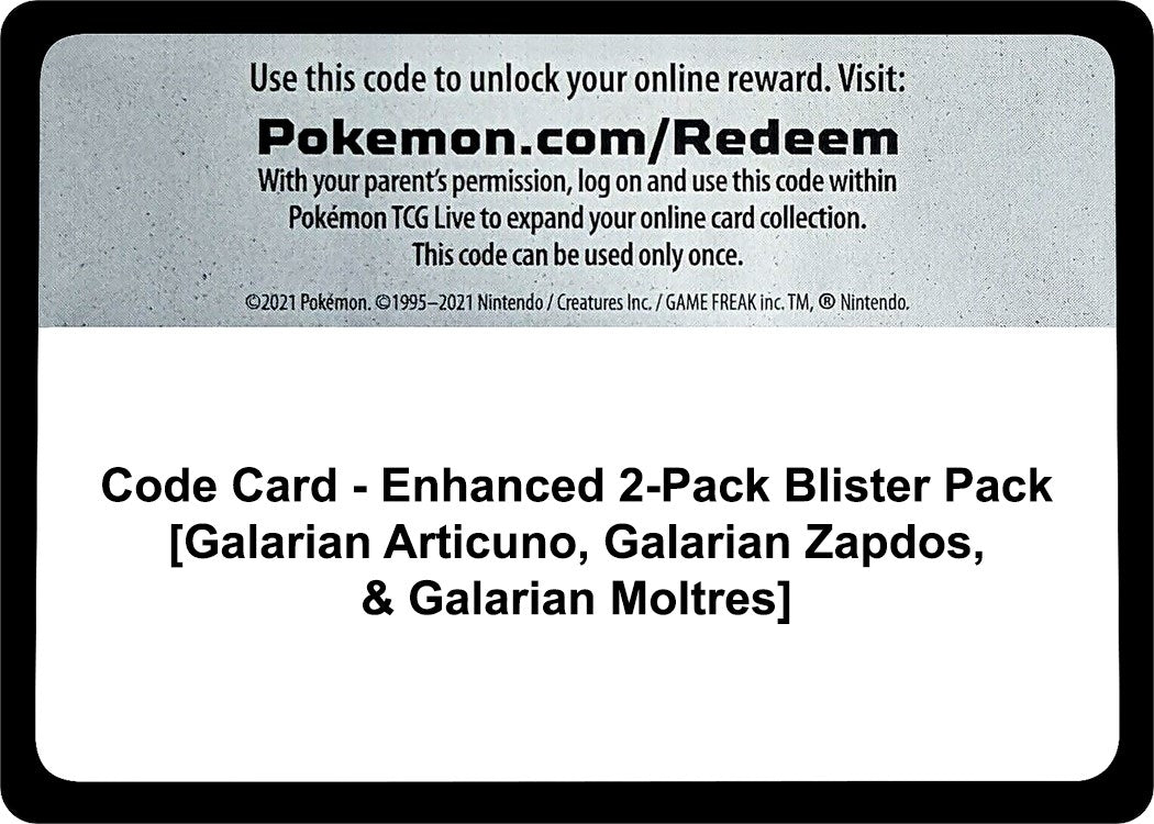 Image for Code Card - Enhanced 2-Pack Blister Pack [Galarian Articuno, Galarian Zapdos, & Galarian Moltres] (MCAP)
